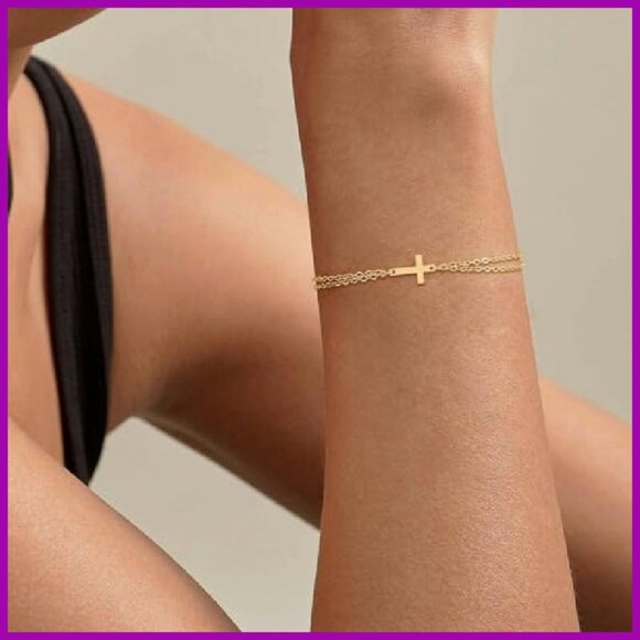 Dainty Cross Bracelet Stack, 14K Gold Plated, Adjustable 6.7"+2" Chain - Picture 3 of 7